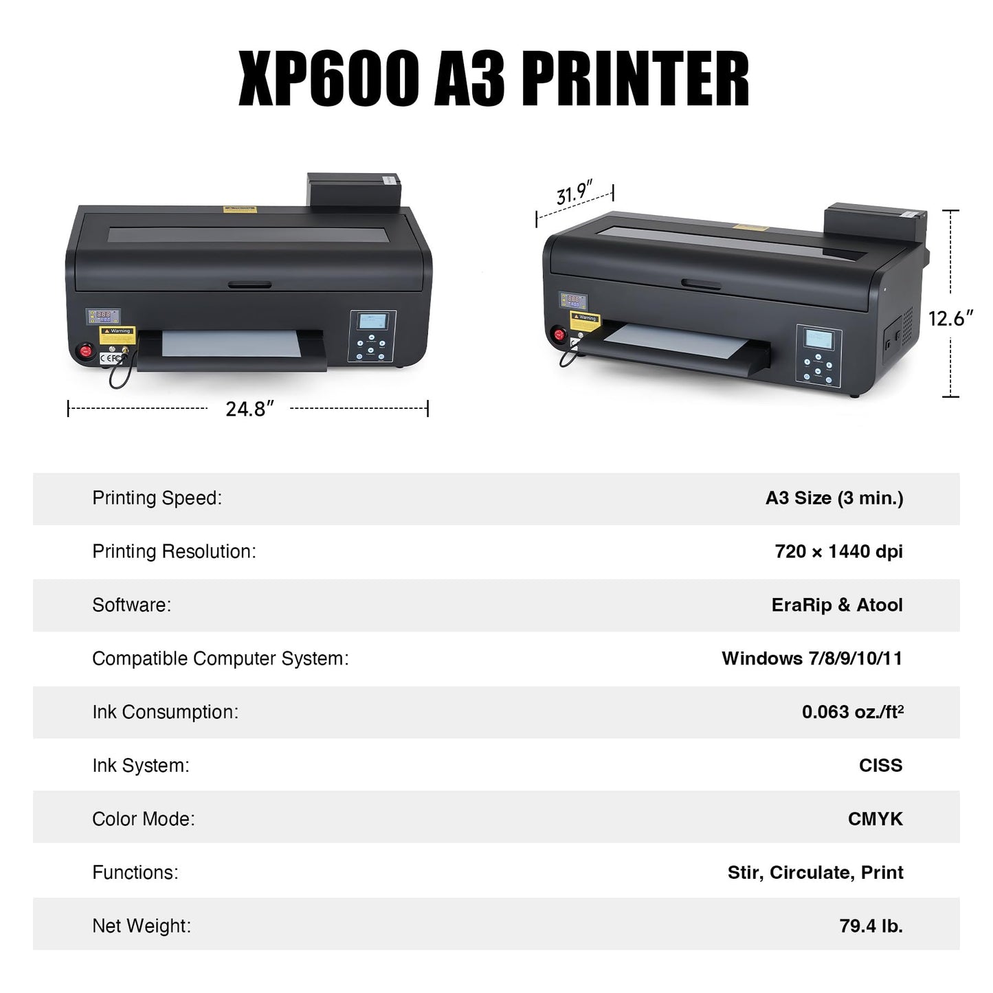 CREWORKS XP600 A3 DTF Printer, Transfer Printing Machine with White Ink Circulation & Stirring System, Auto Cleaning DTF Transfer Printer, T-Shirt Direct to Film with Oven Film Roll & Inks.