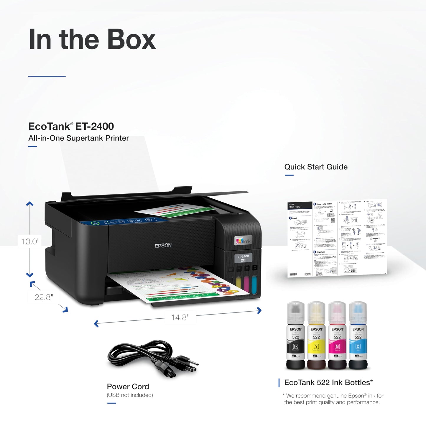 Epson EcoTank ET-2400 Wireless Color All-in-One Cartridge-Free Supertank Printer with Scan and Copy – Easy, Everyday Home Printing, Black.