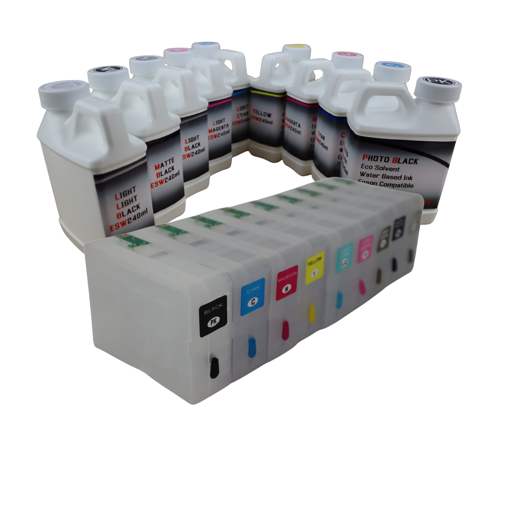 9- 240ml bottles Eco Solvent Water Based Ink 9- 80ml Refillable Ink Cartridges for Epson Stylus Pro 3800 printers