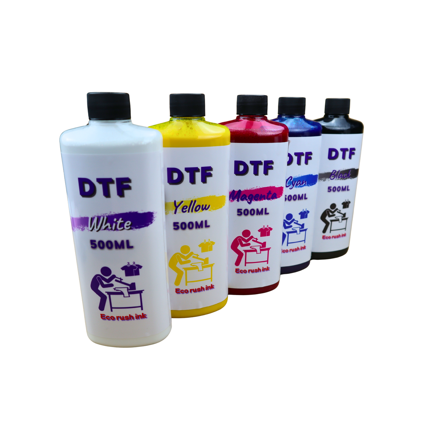 5- 500ml bottles DTF Direct to Film Ink White, Black, Cyan, Magenta, Yellow