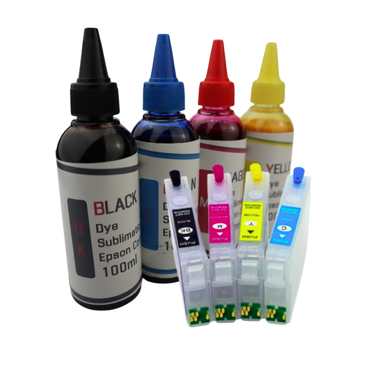 4- 100ml bottles Dye Sublimation Ink 4- Refillable Ink Cartridges With chip installed for Epson WorkForce WF-2830 WF-2850 Printer