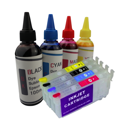4- 100ml bottles Dye Sublimation Ink 4- Refillable Ink Cartridges With chip installed for Epson WorkForce Pro WF-4833 WF-4834 printers