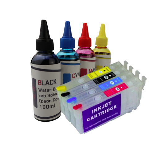 4- 100ml bottles Eco Solvent Water Based Ink 4- Refillable Ink Cartridges With chip installed for Epson WorkForce Pro WF-4833 WF-4834 printers