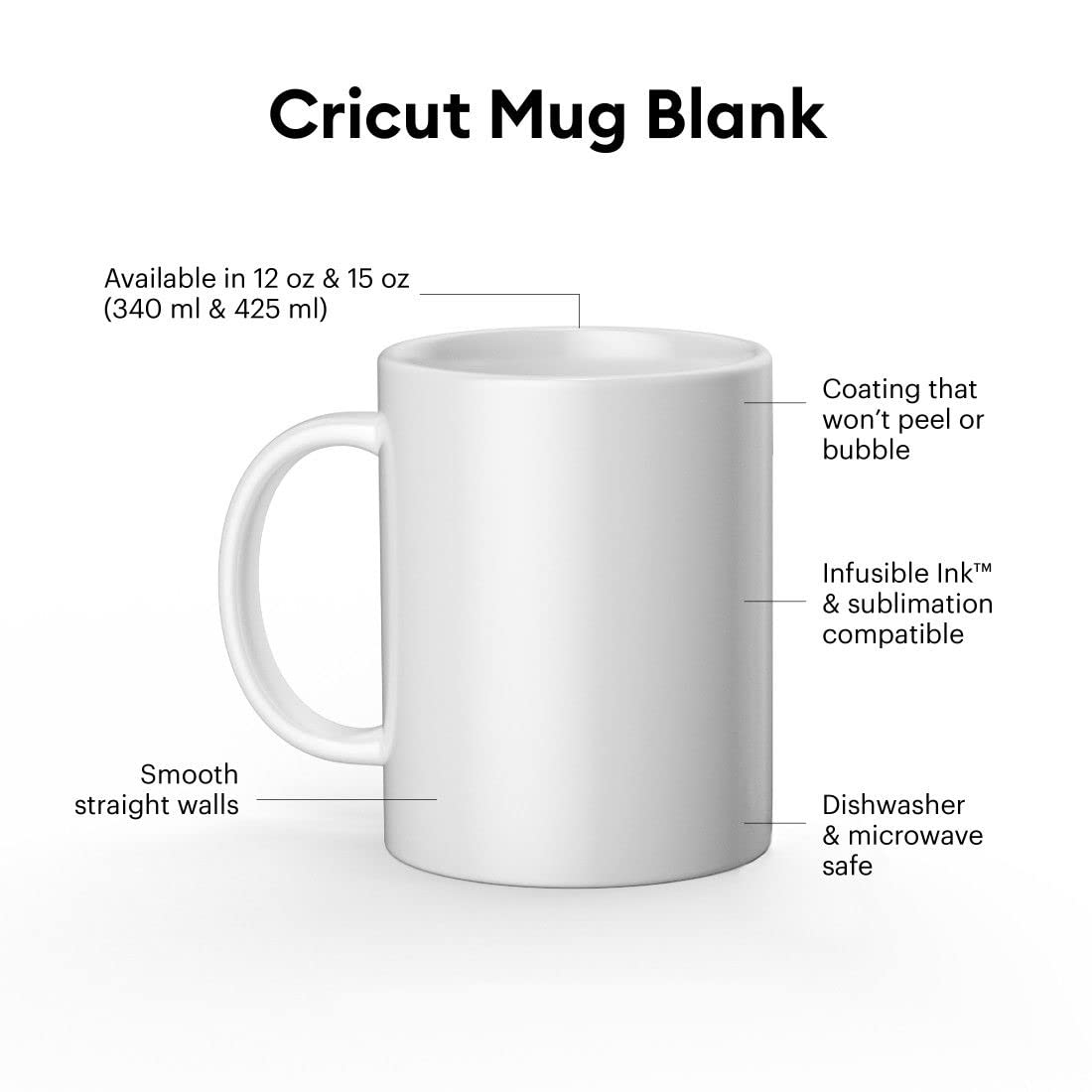 Cricut Beveled Blank, Ceramic-Coated, Dishwasher & Microwave Safe Mug to Decorate, Mug Press & Infusible Ink Compatible,12 Oz Sublimation, Ideal for Crafts and Printing, 6 Count, White.