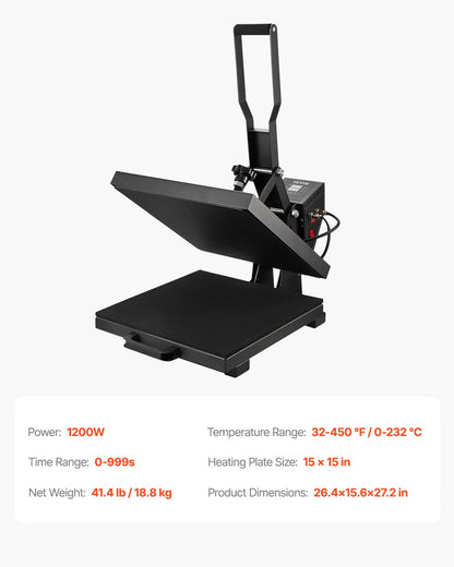 VEVOR 2 in 1 Heat Press Machine for T Shirts and Hats, 15x15 Inch Professional Swing Away Digital Tshirt Press Machine for Sublimation, Vinyl, Heat Transfer Projects.