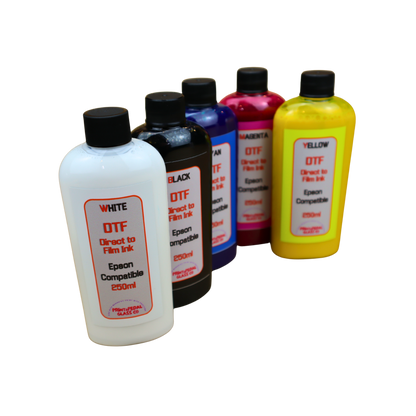 5- 250ml bottles DTF Direct to Film Ink White, Black, Cyan, Magenta, Yellow for Epson printers or printers with Epson Print Head