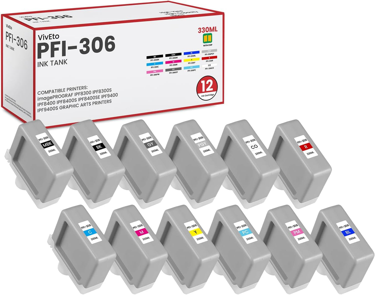 PFI-306 Pigment Ink Tank 330ml (with New Chip) Replacement for Canon PFI-306 Ink Cartridge for imagePROGRAF iPF8300 iPF8300S iPF8400 iPF8400S iPF8410 iPF9400 iPF9400S iPF9410 Printers, 12 Pack.