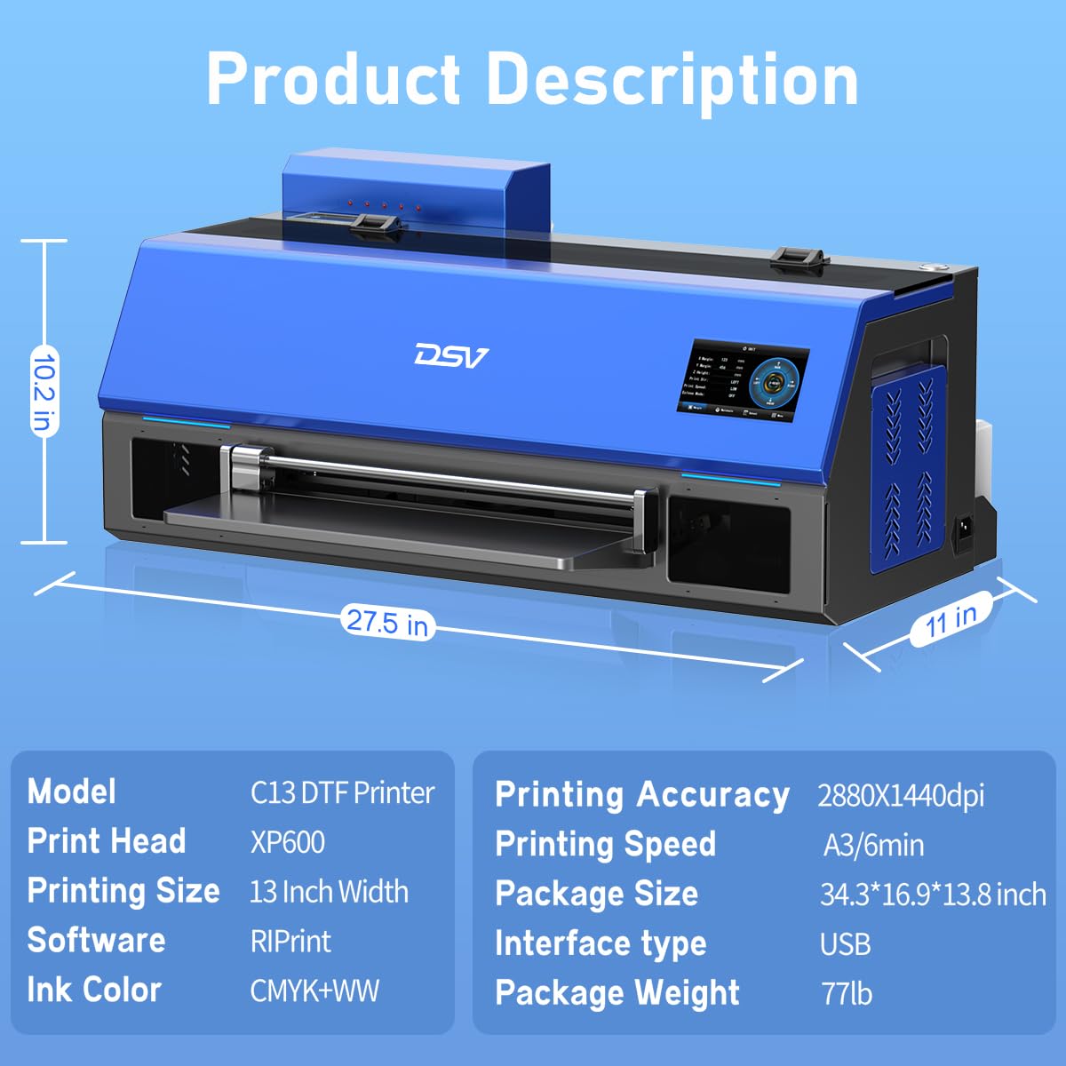 DSV A3 XP600 DTF Printer with Shaker & Air Purifier, 2X Faster Than L1800, 4.5" LED Touch Screen, White Ink Circulation & Auto-Cleaning, 24/7 Auto-Maintenance, 2-Year Free Ink for T-Shirt Printing.