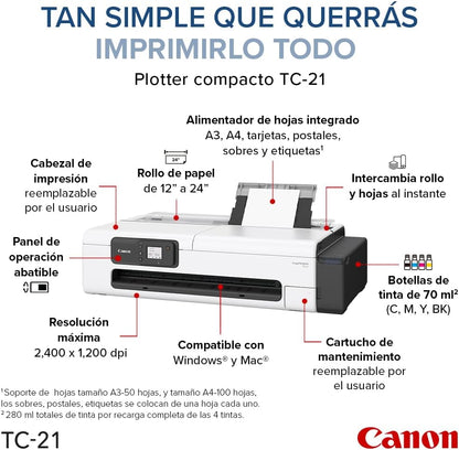 Canon imagePROGRAF TC-21 24" - Large Format Printer, Poster & Plotter Printer, Automatic Roll & Cut Sheet Paper Feeder, Includes 280 ml of Ink, White.
