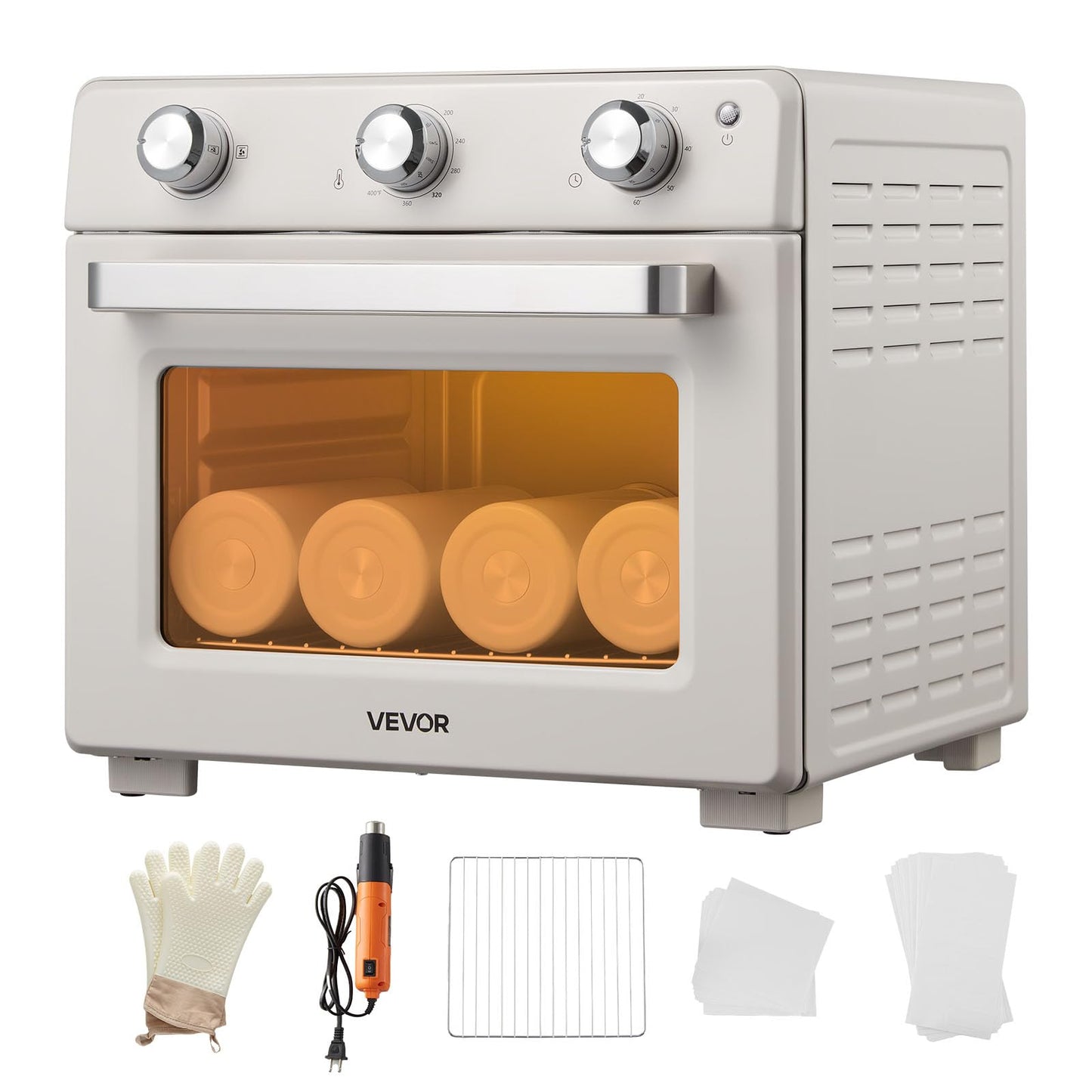 VEVOR Sublimation Oven Machine, 26 Qt, Fits 40oz Tumblers, with 1 Heat Air Gun, 50 Shrink Films, 1 Tape and 2 Heat Gloves, 360° Turbo Convection for Sublimation Blank Tumblers, Mugs, Bowls, Off-White.