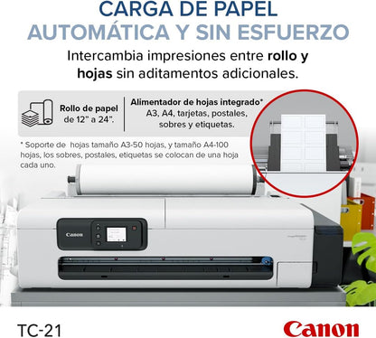 Canon imagePROGRAF TC-21 24" - Large Format Printer, Poster & Plotter Printer, Automatic Roll & Cut Sheet Paper Feeder, Includes 280 ml of Ink, White.