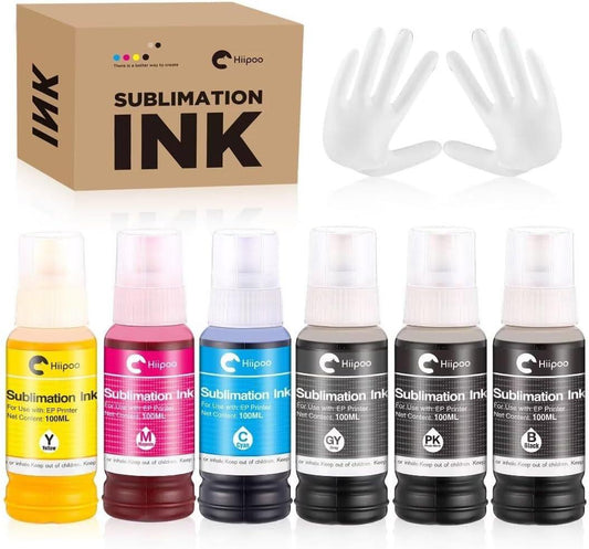 Hiipoo 600ML Sublimation Ink for ET-8500 ET-8550 Wide-Format Supertank Printers Heat Press Transfer on T-Shirt Tumblers (6x100ML, BK PB C M Y GY).