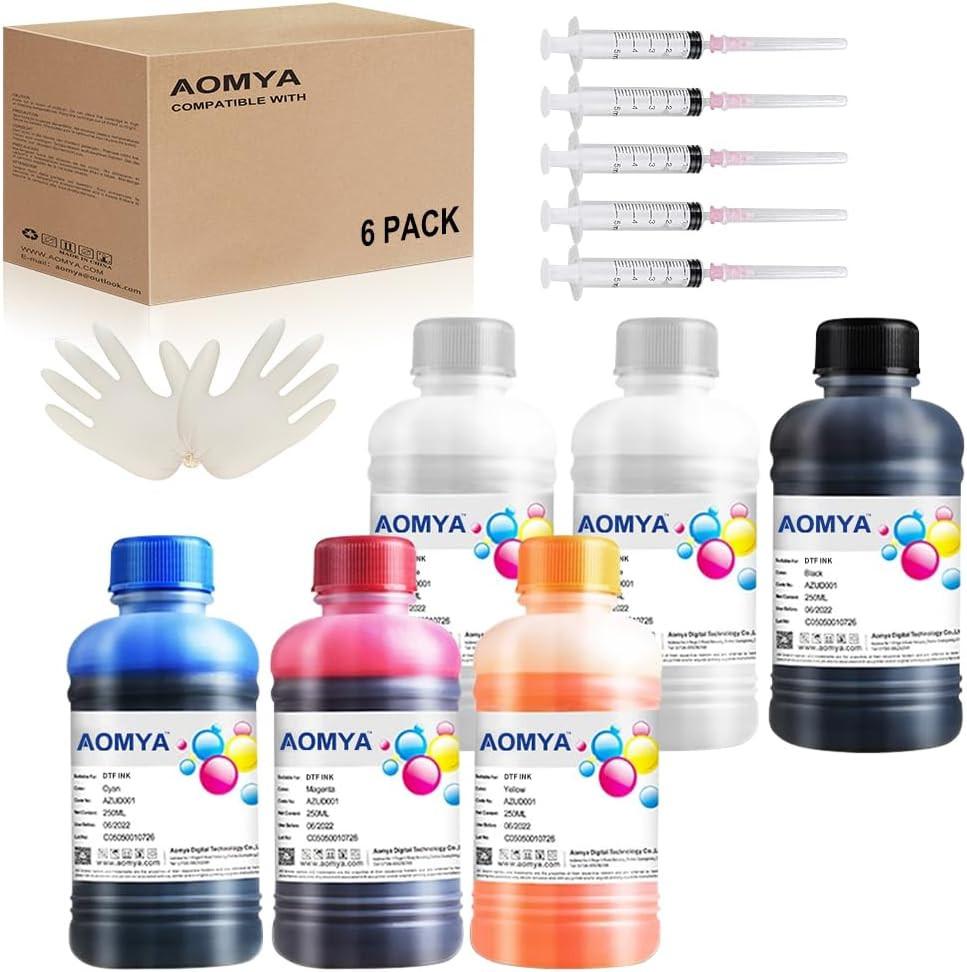 Aomya 6-Pack DTF Ink 250ml DTF Transfer Ink for PET Film for Epn L1800,L805,ET-8550,R2400,P400,P800,P600,DX5,XP600,XP15000 prinetrs (6-Pack 1500ML,2WH/BCMY)