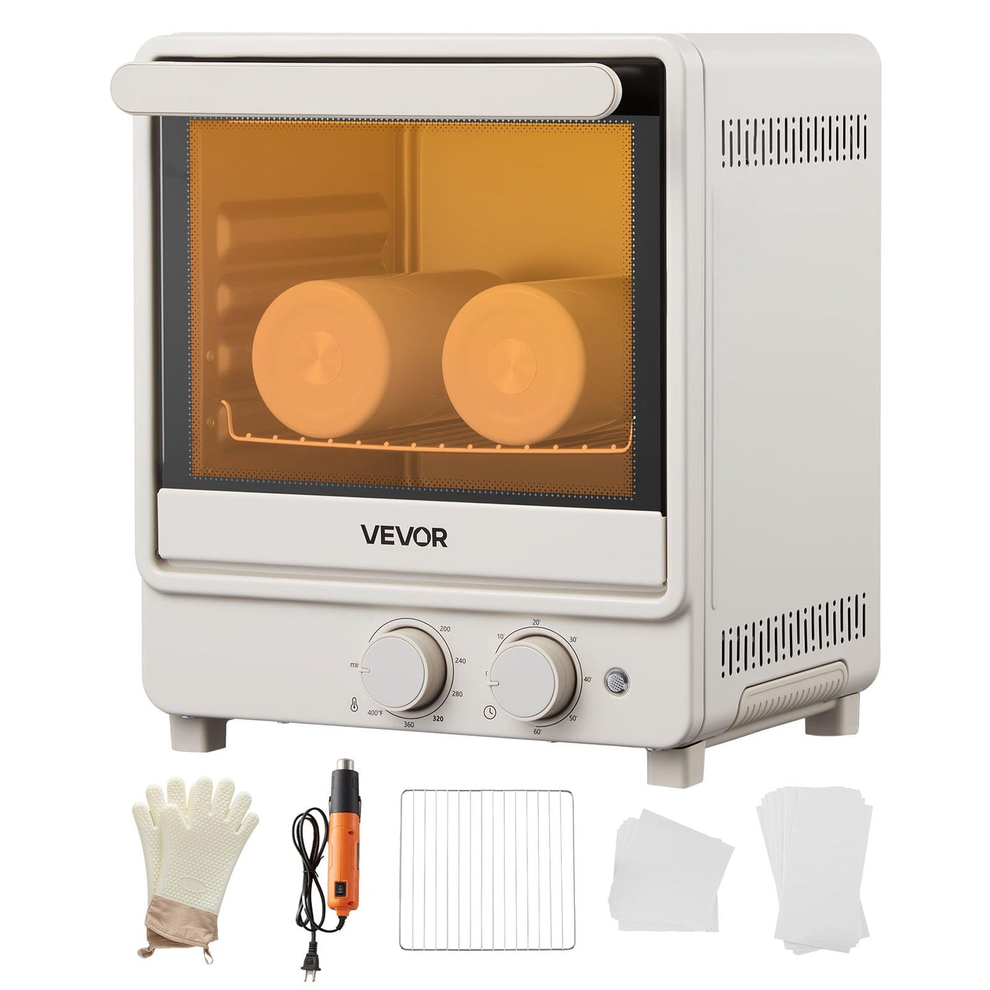 VEVOR Sublimation Oven Machine, 26 Qt, Fits 40oz Tumblers, with 1 Heat Air Gun, 50 Shrink Films, 1 Tape and 2 Heat Gloves, 360° Turbo Convection for Sublimation Blank Tumblers, Mugs, Bowls, Off-White.