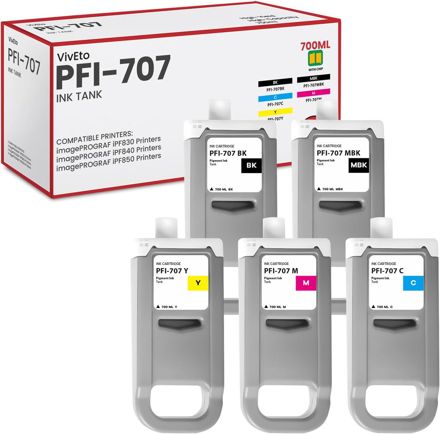 PFI-707 Ink Tank (with New Chip) 700ML Replacement for Canon PFI-707MBK PFI-707BK PFI-707C PFI707M PFI-707Y 9820B001 9821B001 9822B001 9823B001 9824B001 for imagePROGRAF iPF830 iPF840 iPF850 Printers.