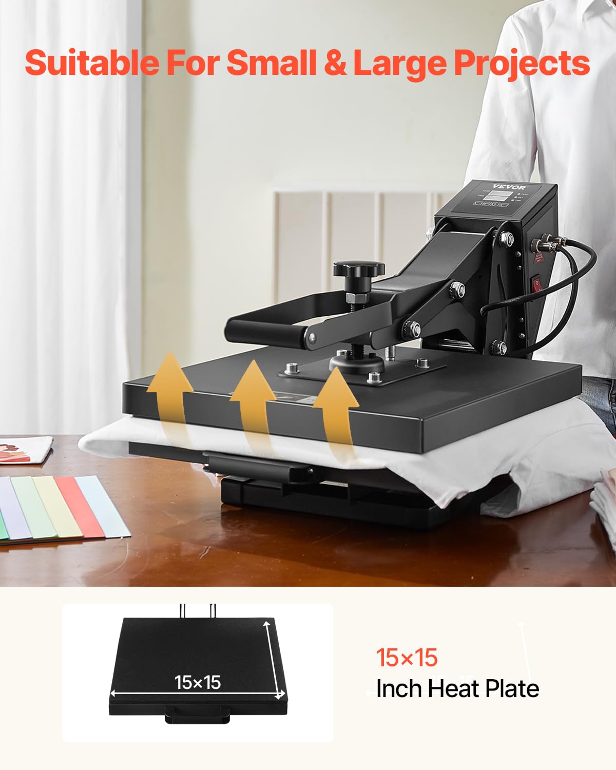 VEVOR 2 in 1 Heat Press Machine for T Shirts and Hats, 15x15 Inch Professional Swing Away Digital Tshirt Press Machine for Sublimation, Vinyl, Heat Transfer Projects.