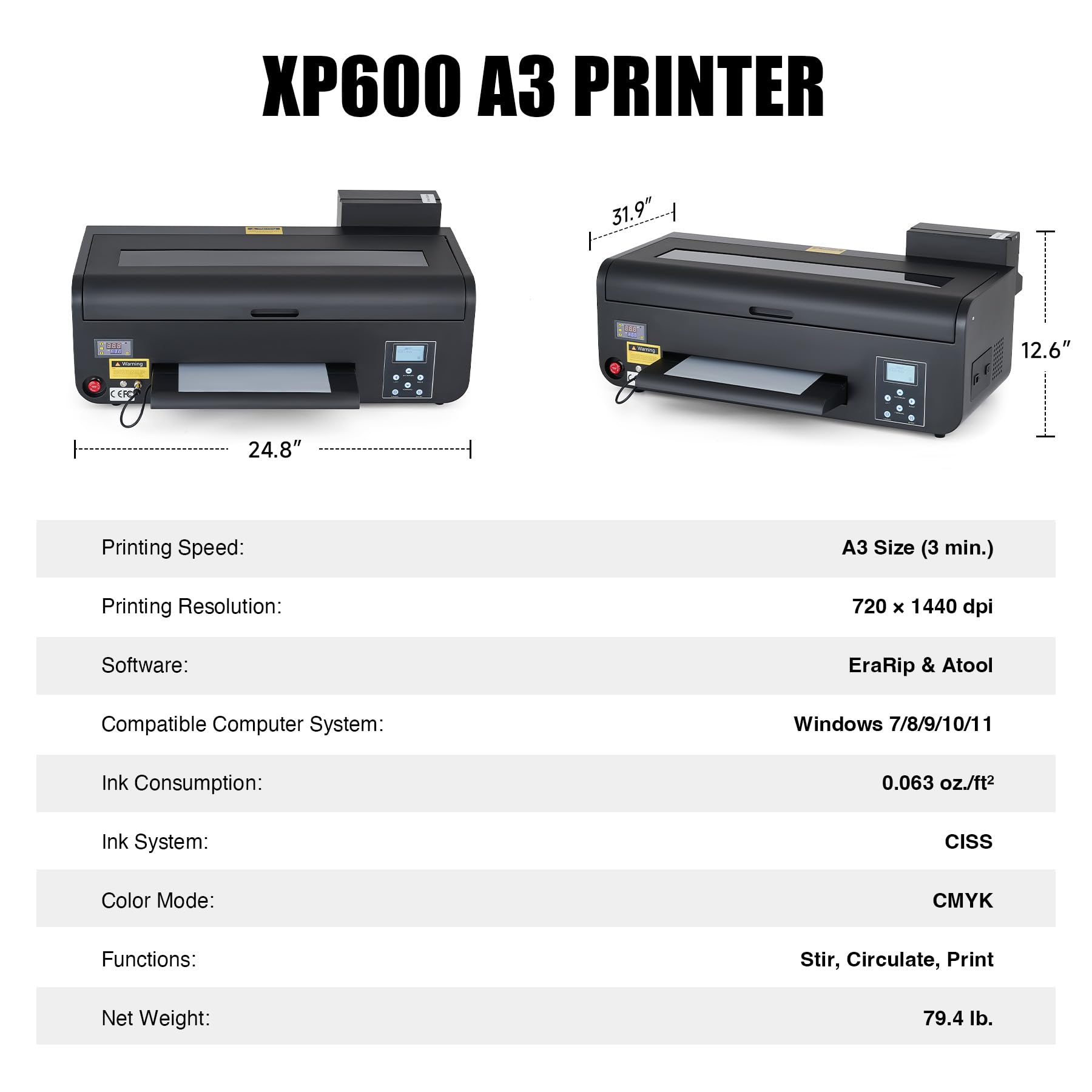 CREWORKS XP600 A3 DTF Printer, Transfer Printing Machine with White Ink Circulation & Stirring System, Auto Cleaning DTF Transfer Printer, T-Shirt Direct to Film with Oven Film Roll & Inks.
