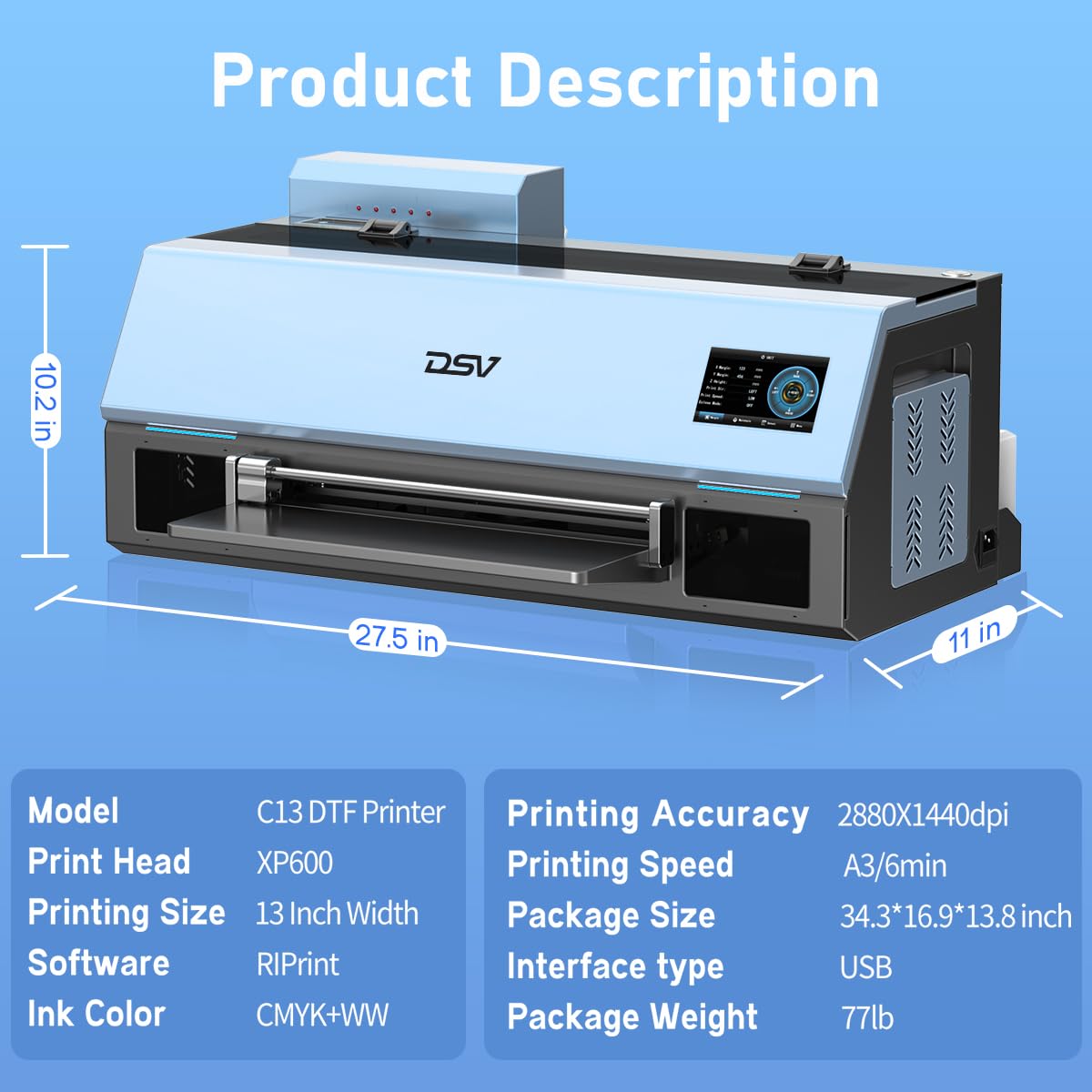 DSV A3 XP600 DTF Printer with Shaker & Air Purifier, 2X Faster Than L1800, 4.5" LED Touch Screen, White Ink Circulation & Auto-Cleaning, 24/7 Auto-Maintenance, 2-Year Free Ink for T-Shirt Printing.