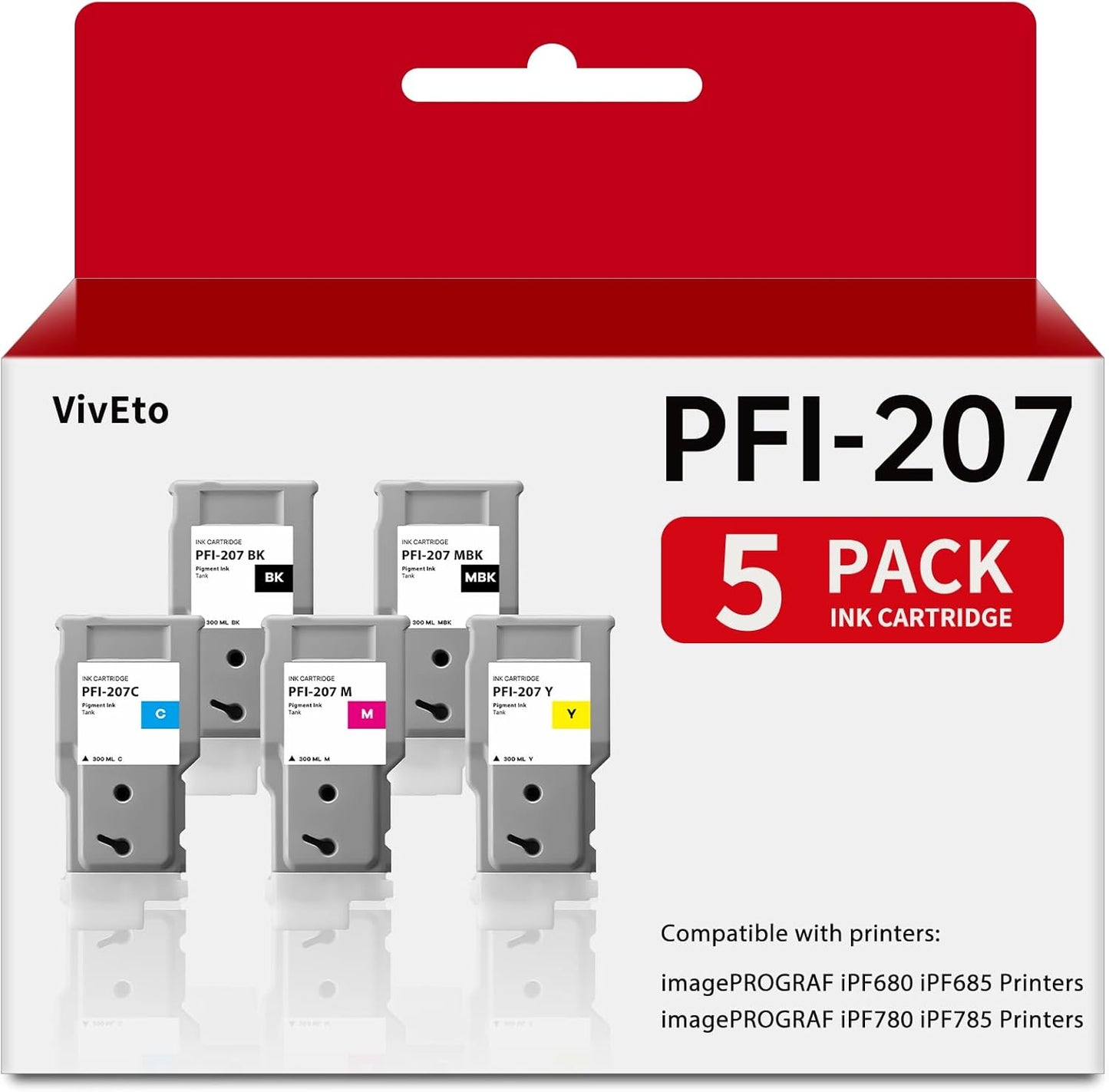 PFI-207 Ink Tank Bundle 300ML with New Chip Replacement for Canon PFI207 PFI-207 Ink Cartridge 8788B001 8789B001 8790B001 8791B001 8792B001 for imagePROGRAF iPF680 iPF685 iPF780 iPF785 Printer 5-Pack.