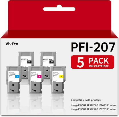 PFI-207 Ink Tank Bundle 300ML with New Chip Replacement for Canon PFI207 PFI-207 Ink Cartridge 8788B001 8789B001 8790B001 8791B001 8792B001 for imagePROGRAF iPF680 iPF685 iPF780 iPF785 Printer 5-Pack.