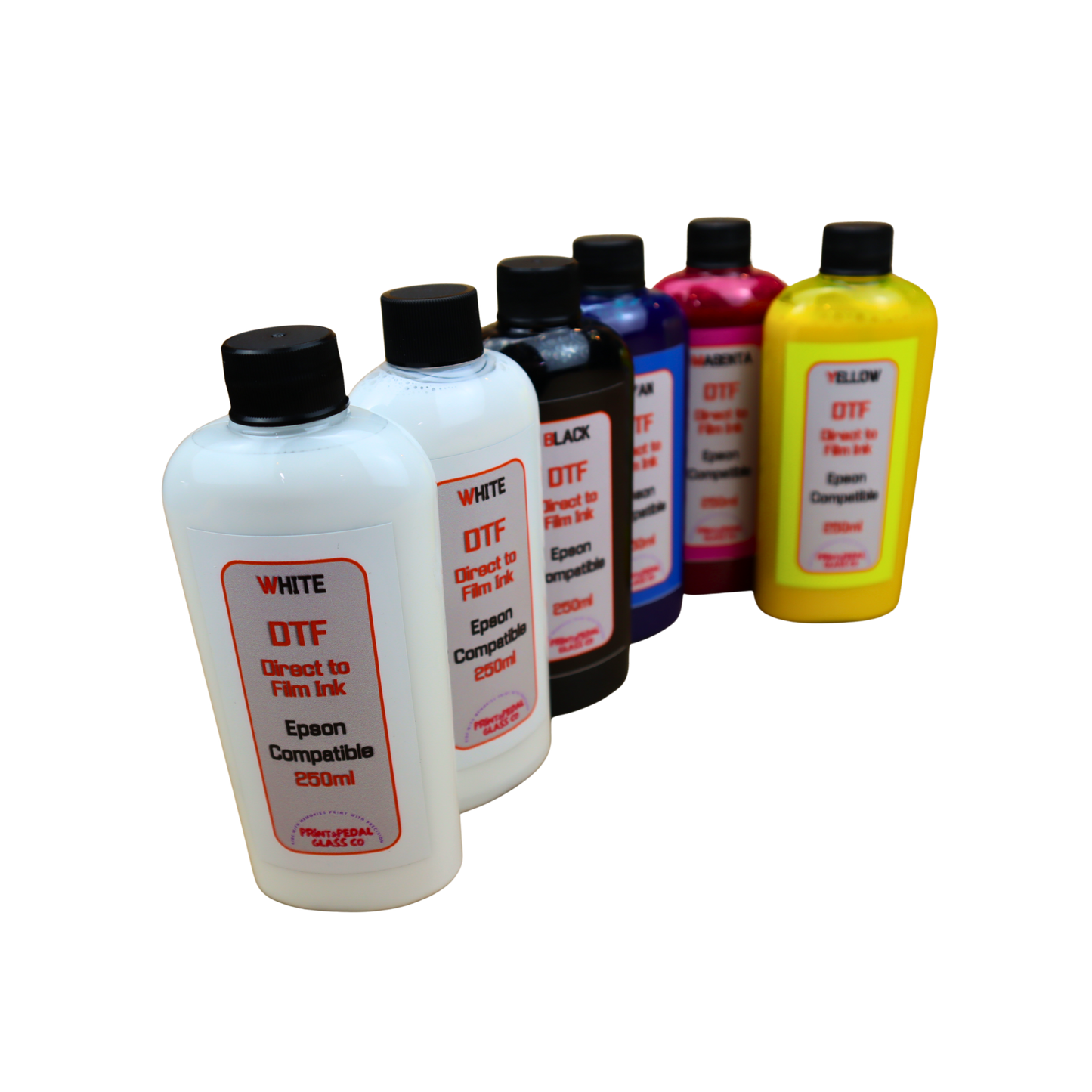 6- 250ml bottles DTF Direct to Film Ink 2 White, Black, Cyan, Magenta, Yellow for Epson printers or printers with Epson Print Head