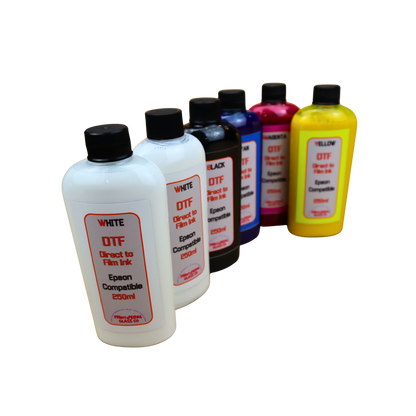 6- 250ml bottles DTF Direct to Film Ink 2 White, Black, Cyan, Magenta, Yellow for Epson printers or printers with Epson Print Head
