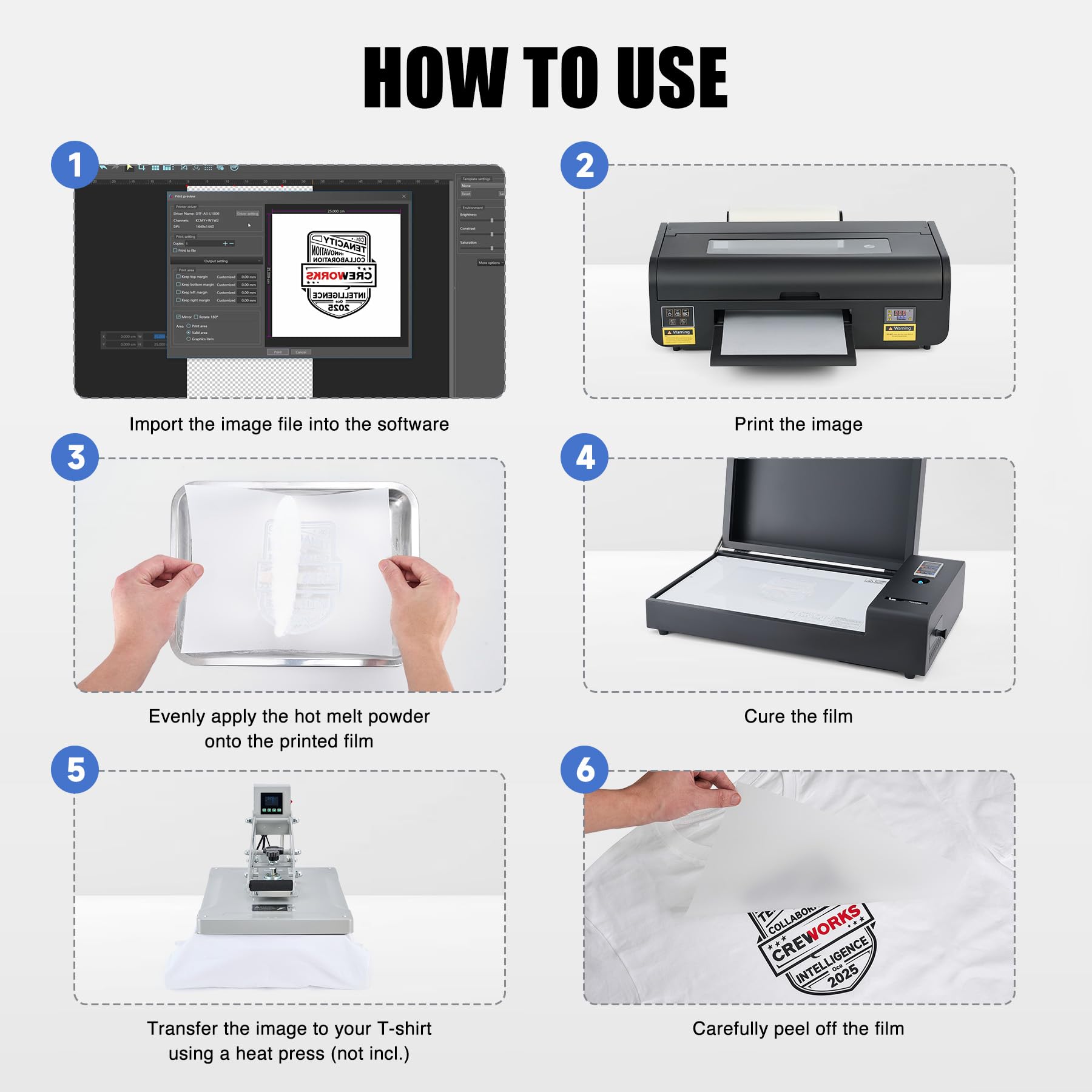 CREWORKS XP600 A3 DTF Printer, Transfer Printing Machine with White Ink Circulation & Stirring System, Auto Cleaning DTF Transfer Printer, T-Shirt Direct to Film with Oven Film Roll & Inks.