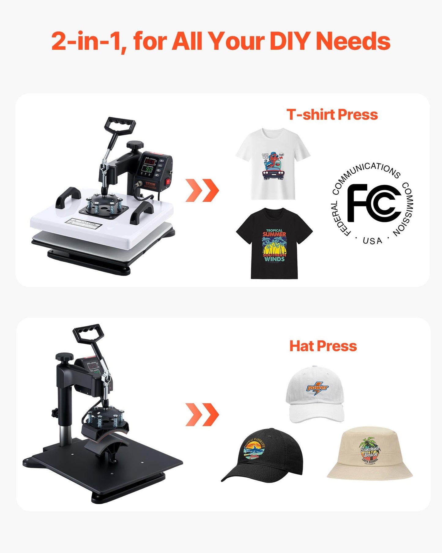 VEVOR Heat Press Machine, 15 x 15 in, 2-in-1 Multifunction, 360° Swing Away, 1200W Double Tube Fast and Even Heating, Digital Precise Control, Sublimation Press Machine for T-Shirts, Hats, Caps.