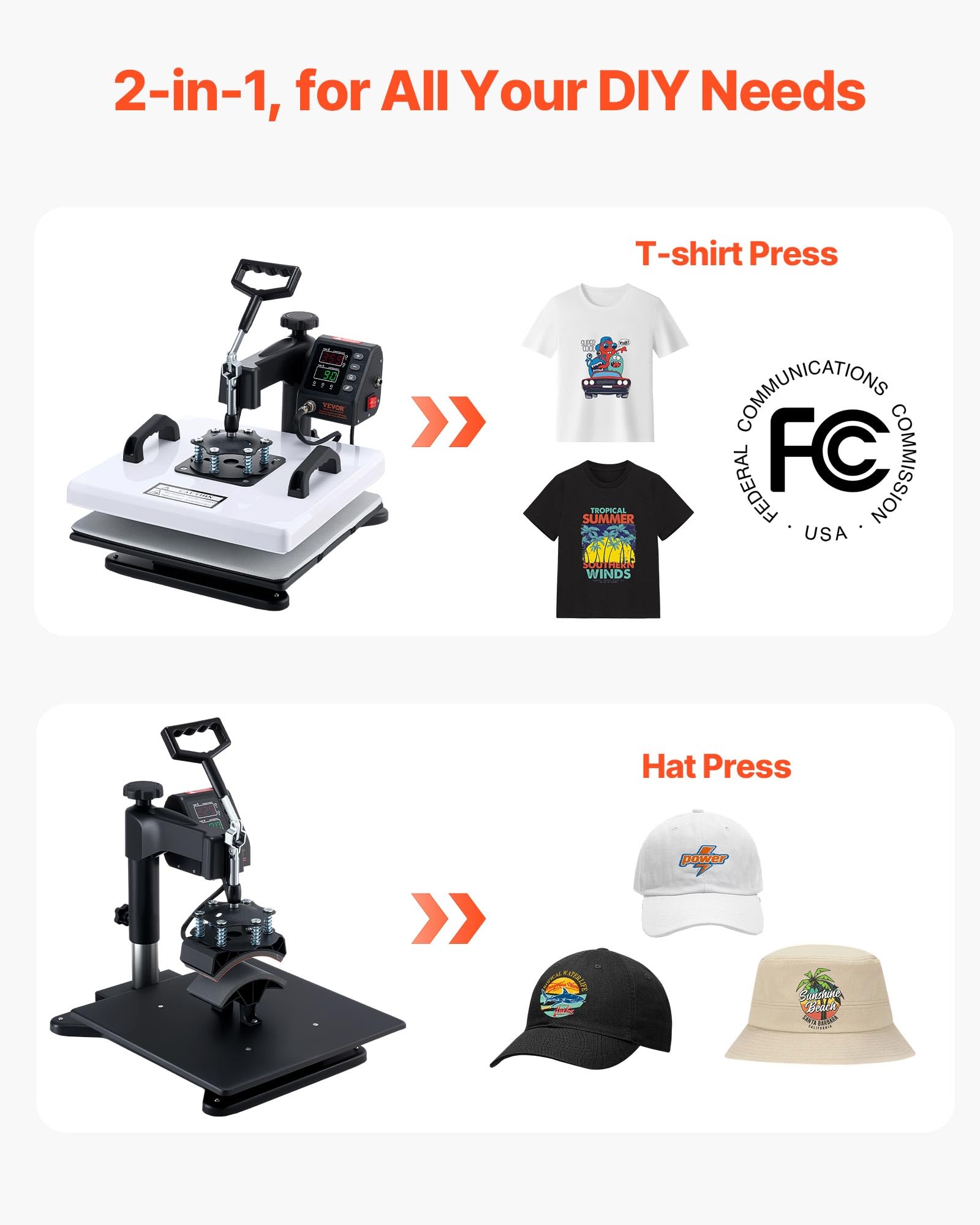 VEVOR Heat Press Machine, 15 x 15 in, 2-in-1 Multifunction, 360° Swing Away, 1200W Double Tube Fast and Even Heating, Digital Precise Control, Sublimation Press Machine for T-Shirts, Hats, Caps.