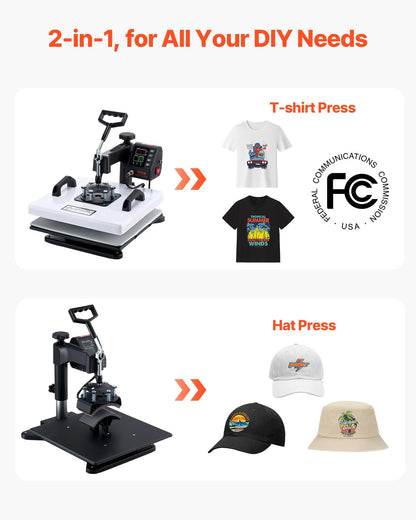 VEVOR Heat Press Machine, 15 x 15 in, 2-in-1 Multifunction, 360° Swing Away, 1200W Double Tube Fast and Even Heating, Digital Precise Control, Sublimation Press Machine for T-Shirts, Hats, Caps.