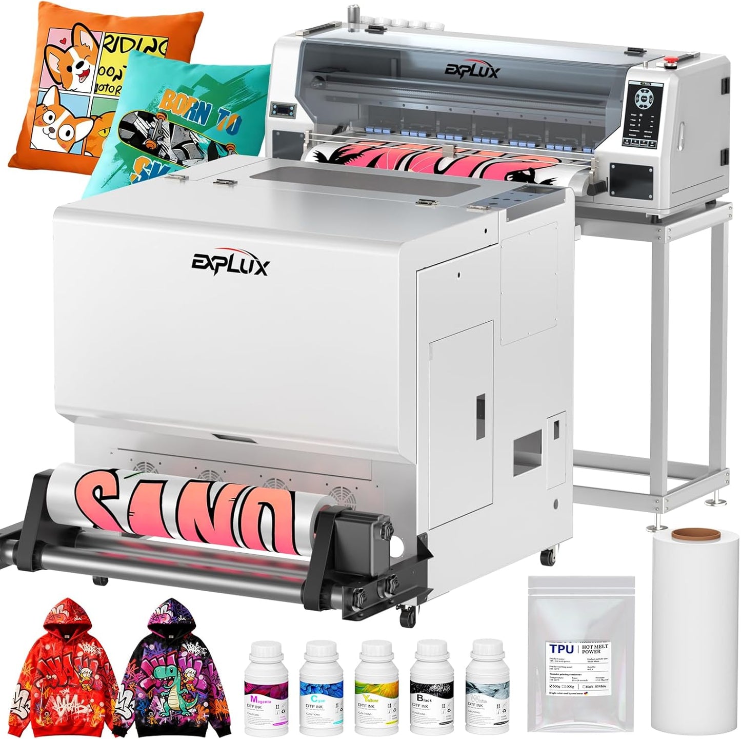 EXPLUX A1 DTF Printer,with XP600 Dual Printheads, Twice The Print Speed, Maximum 24-inch(A1Size) Print Width with 7-inch LED Touchscreen + Auto Timed Cleaning, Gift Ink 2 Year.