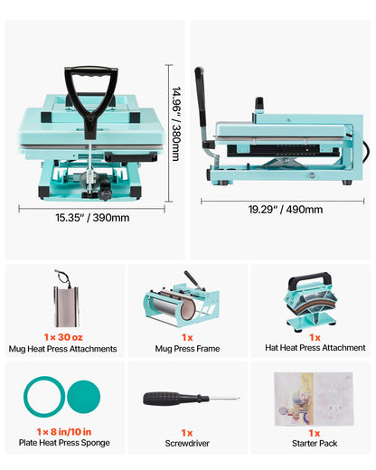 VEVOR 2 in 1 Heat Press Machine for T Shirts and Hats, 15x15 Inch Professional Swing Away Digital Tshirt Press Machine for Sublimation, Vinyl, Heat Transfer Projects.