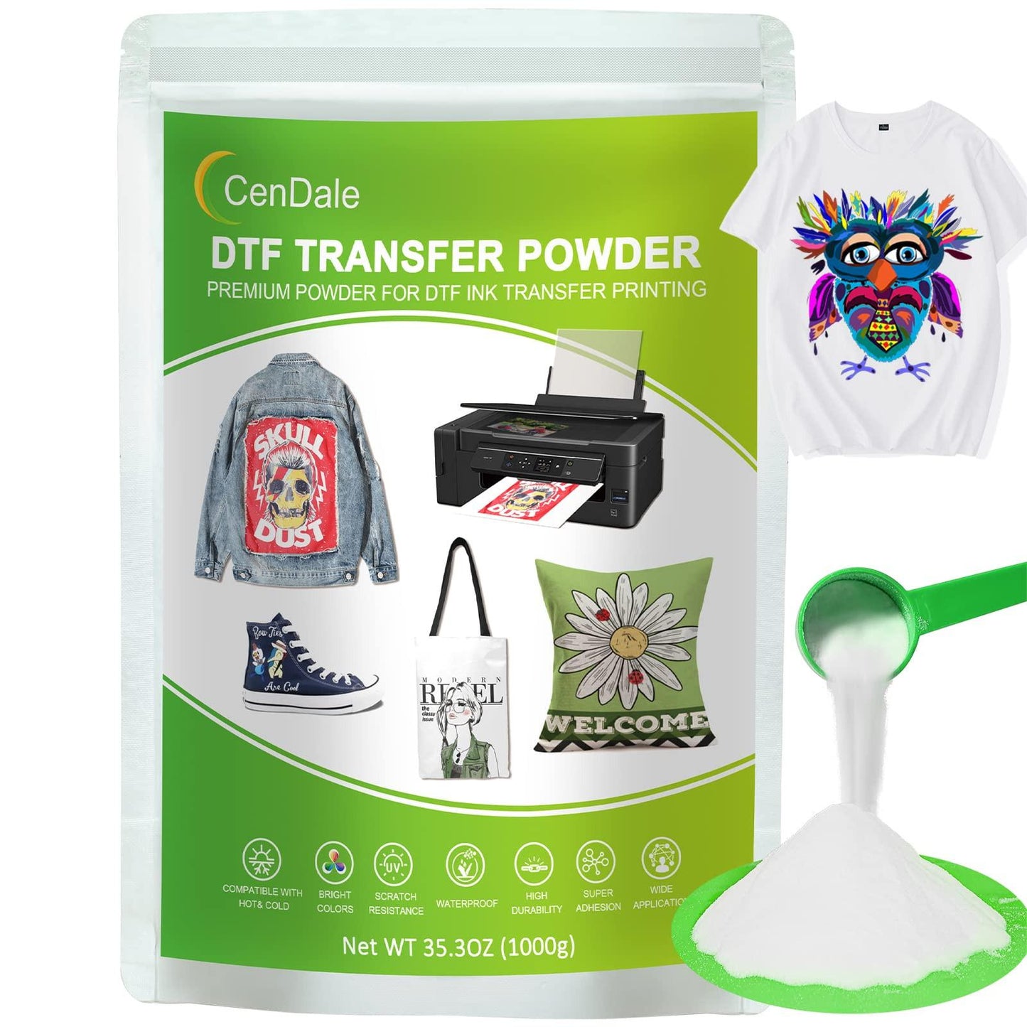 CenDale DTF Powder Kit, Includes Fine Medium, White Black Digital DTF Transfer Powder for Sublimation, Compatible with DTF and DTG Printers, DTF PreTreat Powder for All Fabric Jeans Cotton T-Shirt.