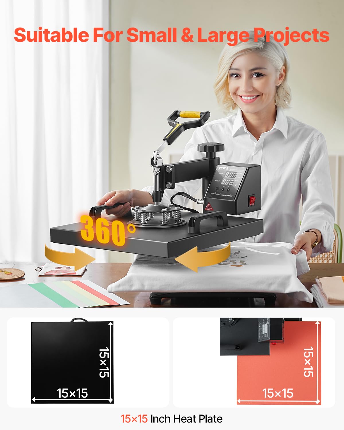 VEVOR 2 in 1 Heat Press Machine for T Shirts and Hats, 15x15 Inch Professional Swing Away Digital Tshirt Press Machine for Sublimation, Vinyl, Heat Transfer Projects.