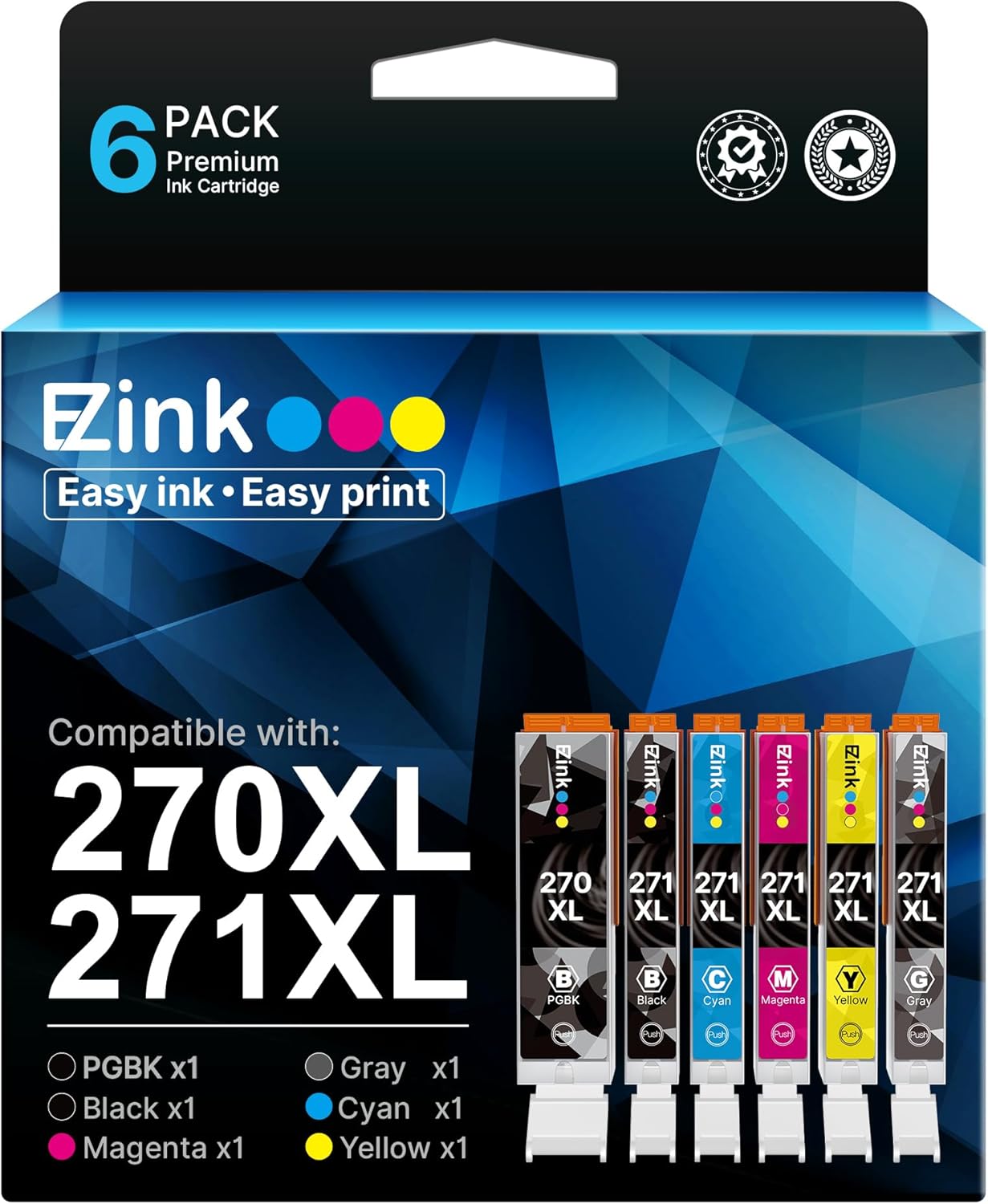 270 271 XL Ink Cartridges Compatible for Canon PGI-270XL CLI-271XL Combo Pack to use with Pixma MG7720 TS9020 TS8020 TS5020 TS6020 MG5720 MG5721 MG5722 MG6820 MG6821 MG6822 6 Color (PGBK,BK,C,M,Y,GY).