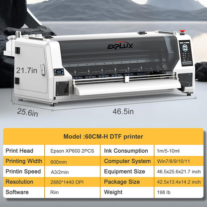 EXPLUX A1 DTF Printer,with XP600 Dual Printheads, Twice The Print Speed, Maximum 24-inch(A1Size) Print Width with 7-inch LED Touchscreen + Auto Timed Cleaning, Gift Ink 2 Year.