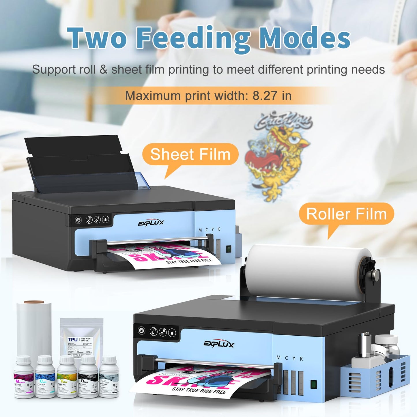 EXPLUX A4 DTF Printer with XP600 Anti-Clogging Printhead, 200% High-Speed Printing, Built-in White Stirring System for DIY T-Shirts & All Textiles, 2-Year Ink Included (A4, Printer+Oven)