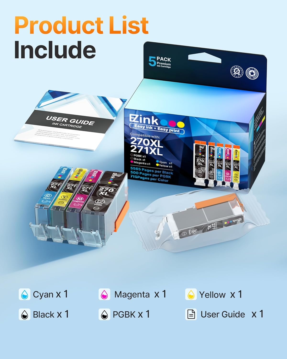 270XL 271XL Printer Ink Compatible for Canon PGI-270XL CLI-271XL Ink Cartridges to use with MG5720 MG6820 TS5020 TS6020 MG7720 TS9020 TS8020 MG5721 MG5722 MG6821 MG6822, 5 Color (PGBK, BK, C, M, Y).