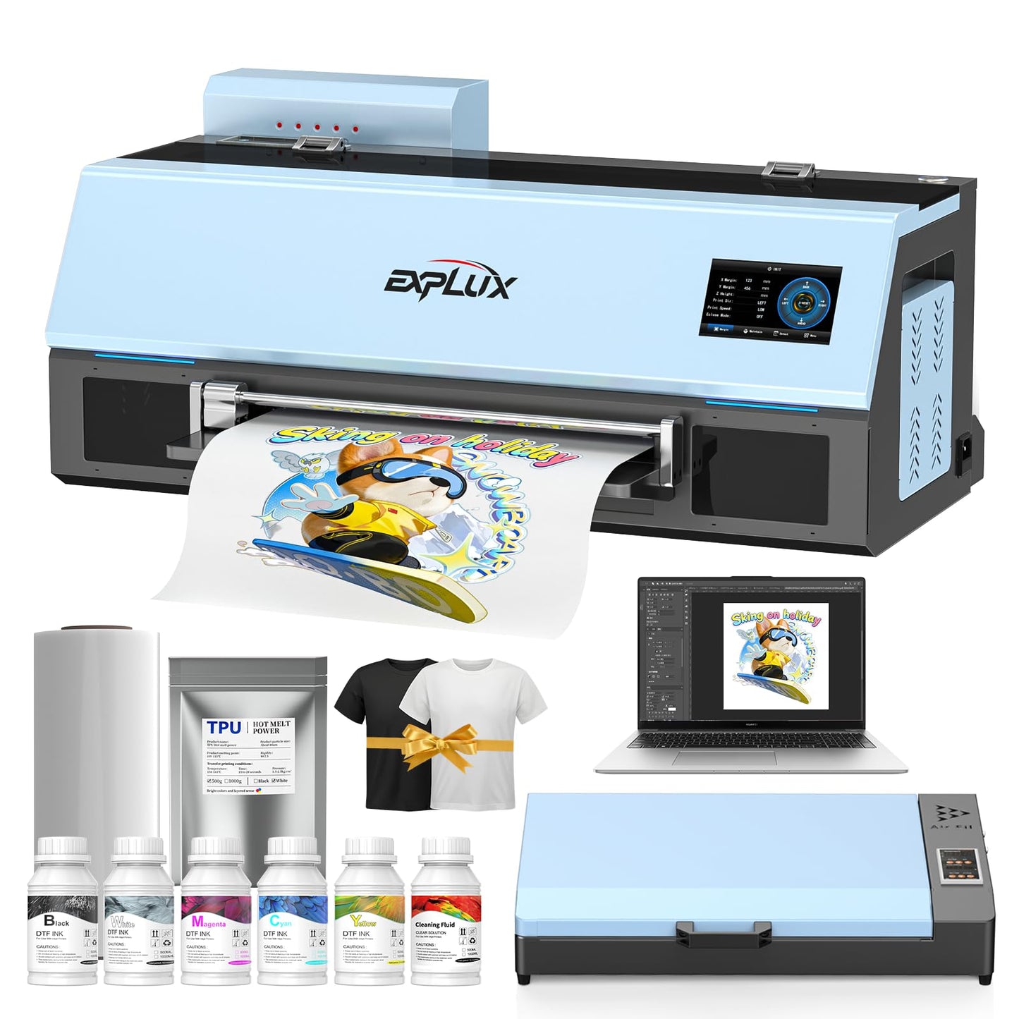 EXPLUX A4 DTF Printer with XP600 Anti-Clogging Printhead, 200% High-Speed Printing, Built-in White Stirring System for DIY T-Shirts & All Textiles, 2-Year Ink Included (A4, Printer+Oven).