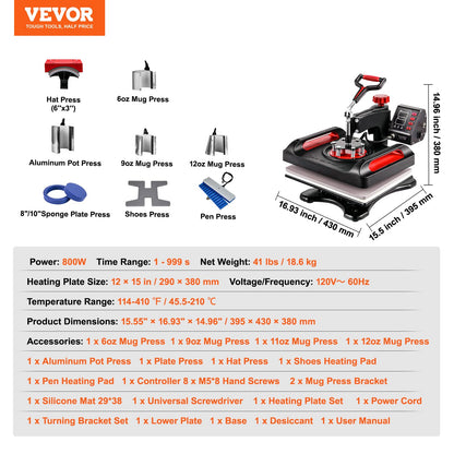 VEVOR 2 in 1 Heat Press Machine for T Shirts and Hats, 15x15 Inch Professional Swing Away Digital Tshirt Press Machine for Sublimation, Vinyl, Heat Transfer Projects.