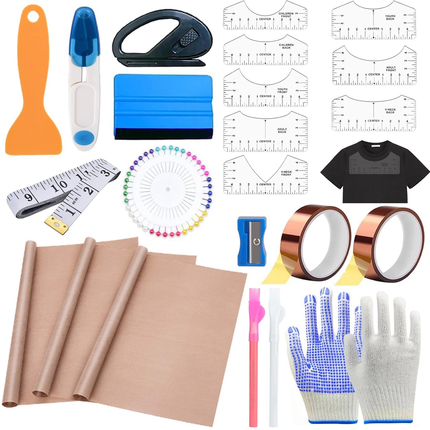 XEUZK Sublimation Shirts Tool Kits with 8 T Shirt rulers, 3Pack Teflon Sheet for Heat Press 12 x 16in, Heat Resistant Gloves with Silicone Bumps, 2 Rolls Heat Resistant Tape, 2Pcs Sublimation Pencil.