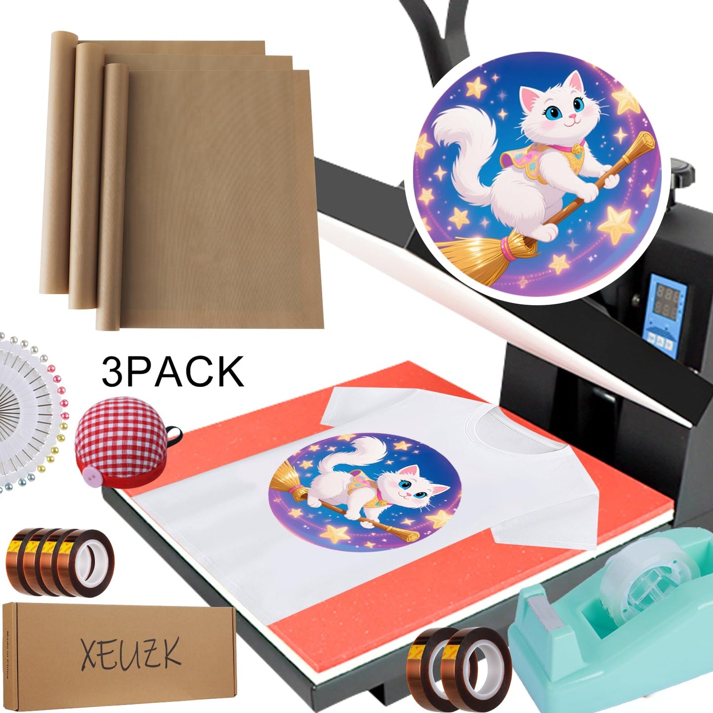 XEUZK Sublimation Shirts Tool Kits with 8 T Shirt rulers, 3Pack Teflon Sheet for Heat Press 12 x 16in, Heat Resistant Gloves with Silicone Bumps, 2 Rolls Heat Resistant Tape, 2Pcs Sublimation Pencil.