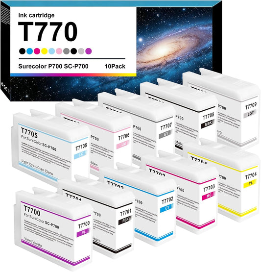 T770 770 P700 Ink Cartridge 10Pack Remanufactured T770020 T770120 T770220 T770320 T770420 T770520 T770620 T770720 T770820 T770920 Ink Replacement for SureColor P700 SC-P700 Printer