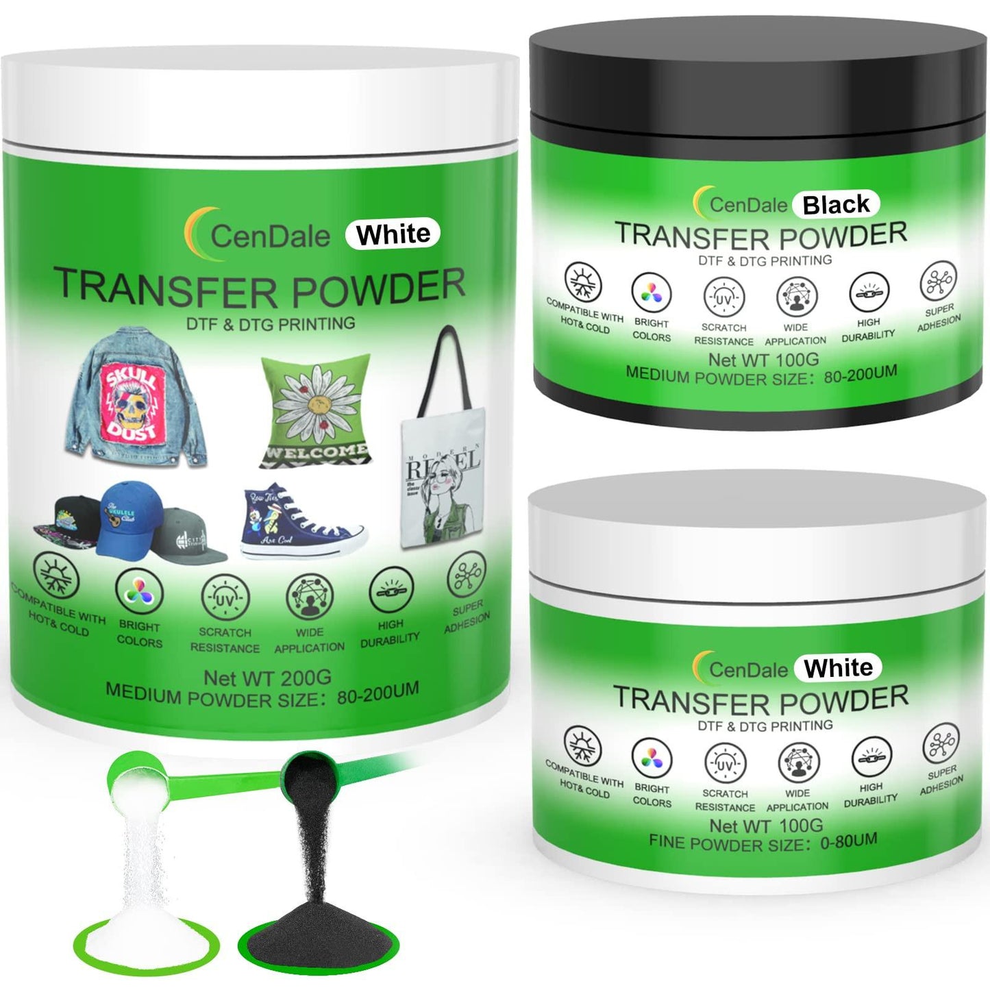 CenDale DTF Powder Kit, Includes Fine Medium, White Black Digital DTF Transfer Powder for Sublimation, Compatible with DTF and DTG Printers, DTF PreTreat Powder for All Fabric Jeans Cotton T-Shirt.