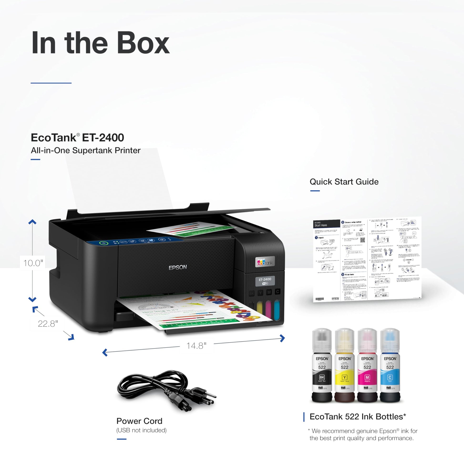 Epson EcoTank ET-2400 Wireless Color All-in-One Cartridge-Free Supertank Printer with Scan and Copy – Easy, Everyday Home Printing, Black.