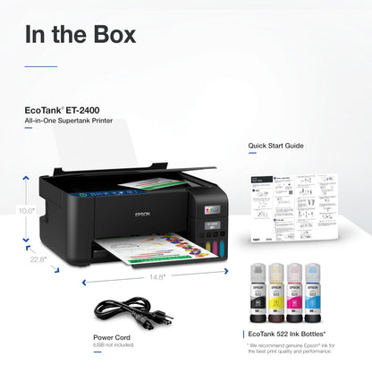 Epson EcoTank ET-2400 Wireless Color All-in-One Cartridge-Free Supertank Printer with Scan and Copy – Easy, Everyday Home Printing, Black.