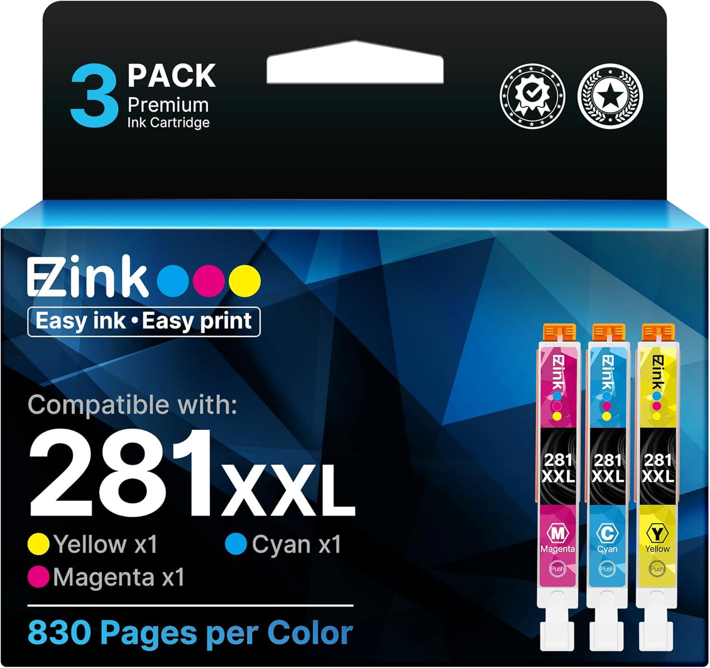 E-Z Ink Compatible Ink Cartridge Replacement for Canon CLI-281XXL 281 XXL Compatible with PIXMA TR7520 TR8520 TS6120 TS6220 TS8120 TS8220 TS9120 TS9520 TS9521C Printer (3 Pack).