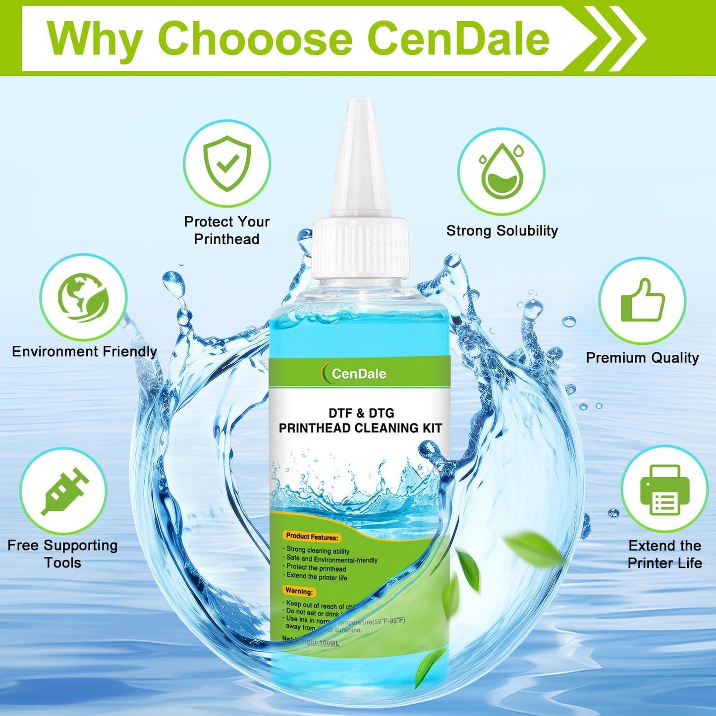 CenDale Premium DTF Printhead Cleaning Solution - Universal Printhead Cleaner Kit for Any DTF & DTG Printers, Print Head Cleaning Kit for Epson ET8550 L1800 XP15000 R1390 XP600 Ink Printer (100ML)