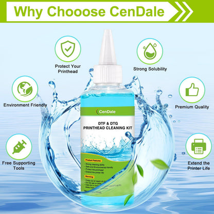 CenDale Premium DTF Printhead Cleaning Solution - Universal Printhead Cleaner Kit for Any DTF & DTG Printers, Print Head Cleaning Kit for Epson ET8550 L1800 XP15000 R1390 XP600 Ink Printer (100ML)