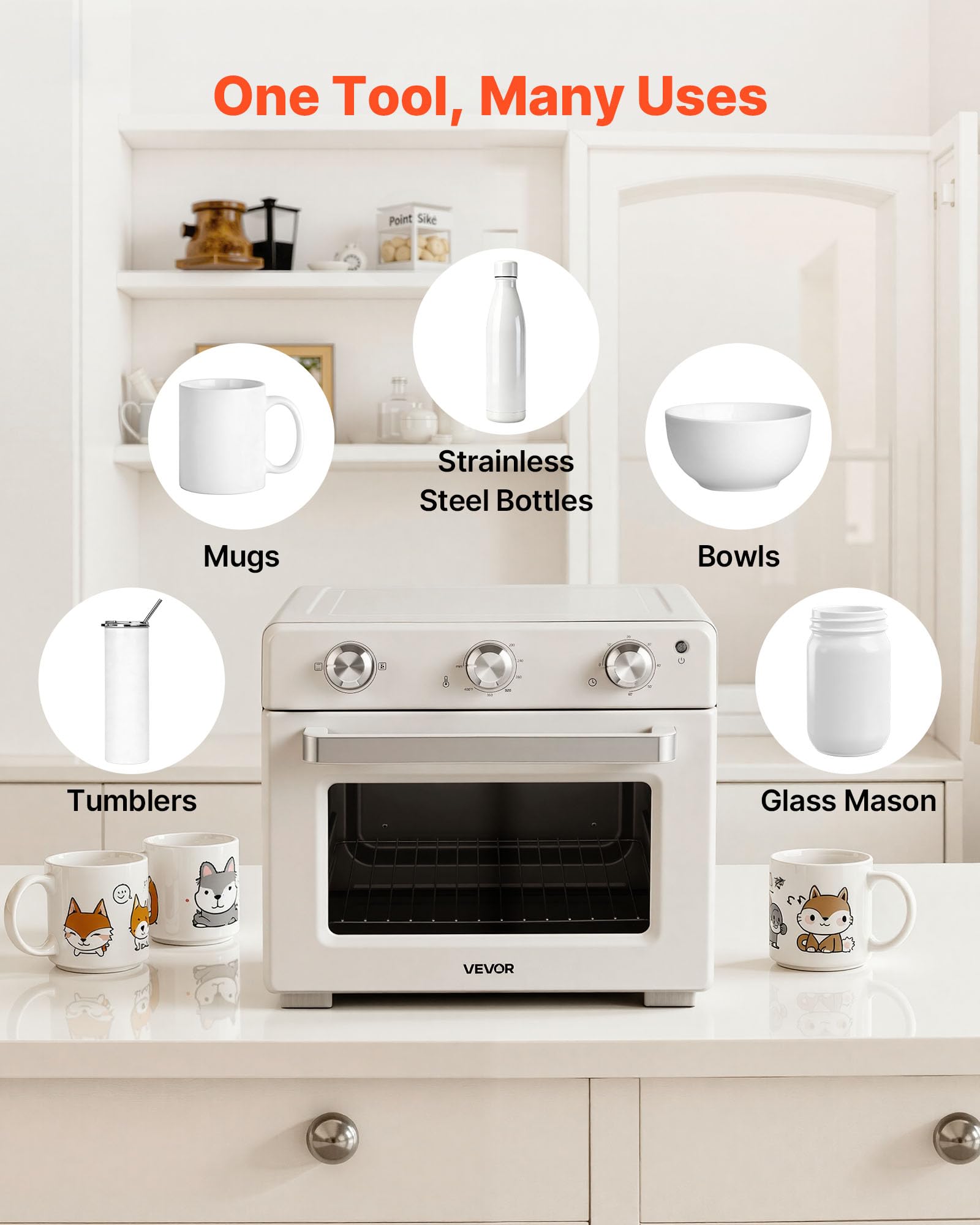 VEVOR Sublimation Oven Machine, 26 Qt, Fits 40oz Tumblers, with 1 Heat Air Gun, 50 Shrink Films, 1 Tape and 2 Heat Gloves, 360° Turbo Convection for Sublimation Blank Tumblers, Mugs, Bowls, Off-White.